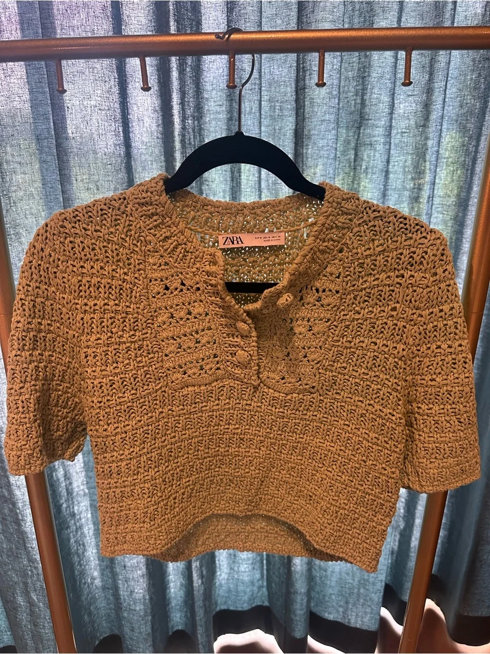 Zara Tan Crochet Henley Crop Top